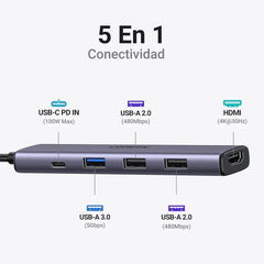 Adaptador UGreen 5 In 1 USB-C Multifunction Adapter - Gris