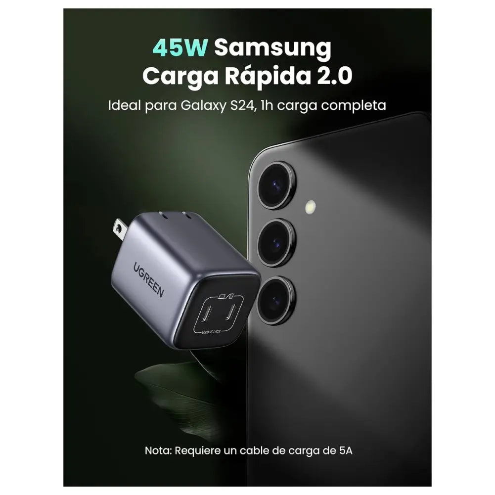 Cargador UGreen Nexode Dual USB-C PD GaN Fast Charger 45w (2xUSB-C) - Negro