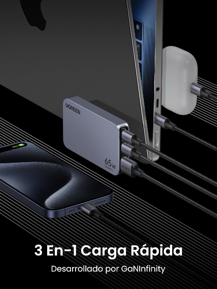 Cargador UGreen Nexode Pro 3-Port GaN Ultra-Slim Fast Charger 65w (2 USB-C, 1 USB-A) - Gris