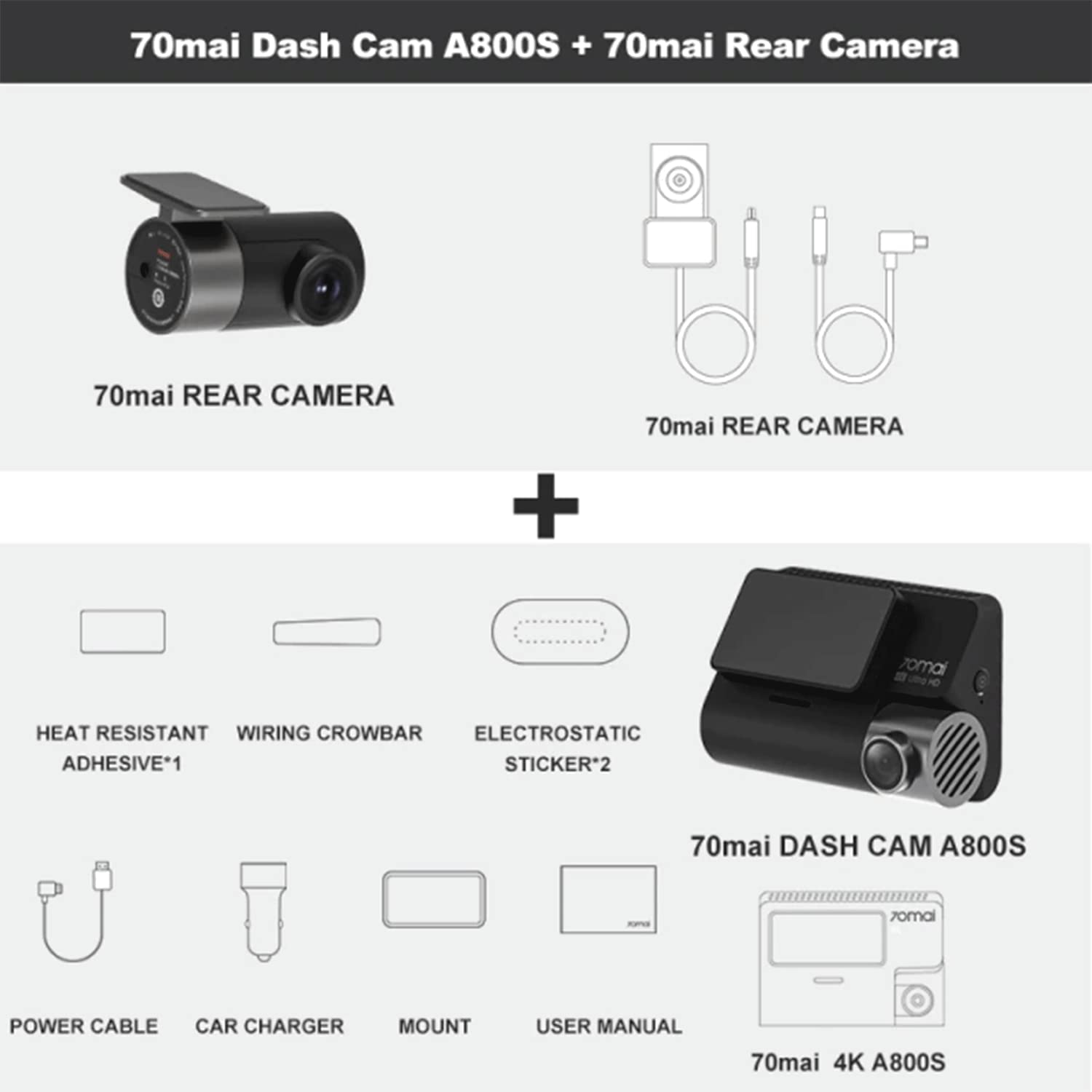 Camara 70mai Dash Cam A800S + Rear Cam Set 4K - Negro