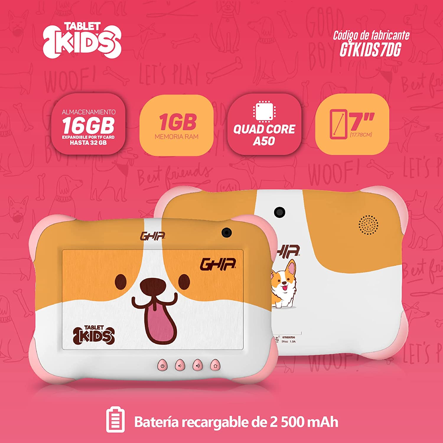Tablet Ghia Kids 7" 1+16GB - Cafe/Blanco (Perrito)